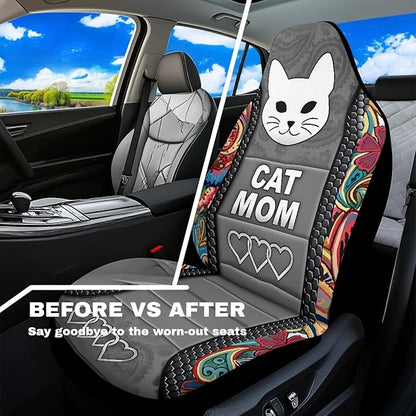 Cat Mom Car Seat Covers 2 Pcs Waterproof Front Seat Covers Boho Floral Bucket Seat Cover Car Interior Accessories for Women Men