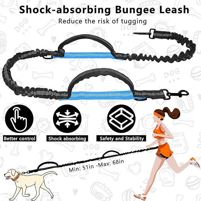 Hands Free Dog Leash with Zipper Pouch, Running Waist Leash for Dog Walking, Adjustable Waist Belt for Large Dogs, Reflective Bungee Design with Two Handle for Hiking,Training, Black