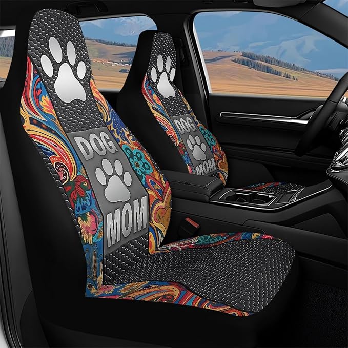 Dog Mom Paw Car Seat Covers Front Seats Boho Flower Waterproof Front Seat Covers Auto Interior Decor Bucket Seat Covers Suitable for Cars, SUV and Trucks
