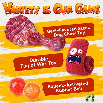 KIPRITII Long-Lasting Heavy Dog Chew Toys for Aggressive Chewers – 6 Pack Tough Dog Toys Include Indestructible Chew Bone, Interactive Tug Toys & Squeaky Balls, Ideal for Medium & Large Breeds Dogs