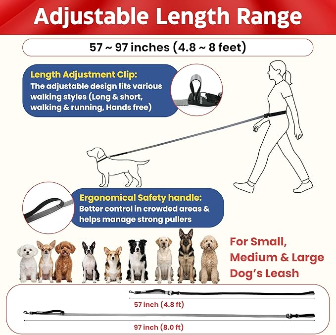 Hands Free Dog Leash, Multifunctional Crossbody Running for Dogs, Ultra-Light Dog Training Leash with Secure Clip, Short & Long Leashes, Adjustable Service Dog Leashes (Black Gray)