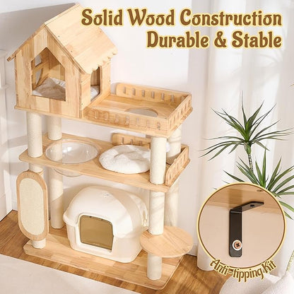 58" Tall&Wide Solid Wood Cat Tree Tower for Indoor Cats, Modern Cat Tree Open-Style Cat Villa Condo with Scratching Posts & Board, Cat Beds, Multi-Level Cat Furniture with Space for Litter Box