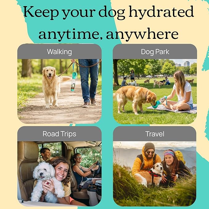 4 in 1 Dog Water Bottle, Leakproof Pet Water Dispenser with Bowl, Poop Bag Holder & Shovel, Dog Travel Accessories for Dogs and Cats, 17oz