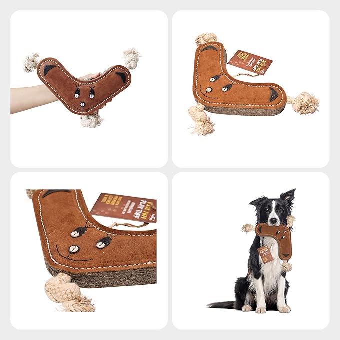 Boomerang Leather Chew Toy for Dogs - Extra Thick Wool, Stitched & Real Leather Dog Toy for Small, Medium & Large Dogs - Durable & Safe Chew Toys for Puppies