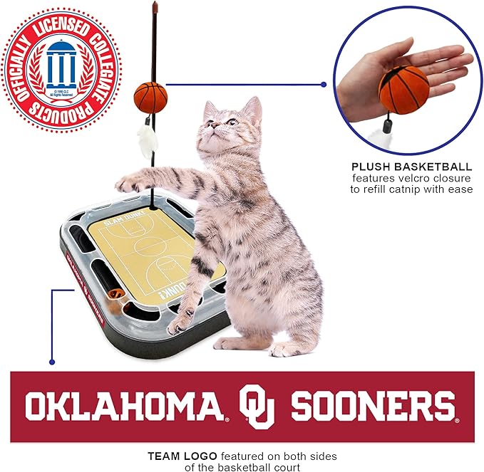 Cat Scratch Toy NCAA OKLAHOMA Sooners REVERSIBLE Basketball Court Felt/Cardboard Cat Scratcher Toy with Interactive Cat Ball Bell in Tracks. 6-in-1 CAT TOY Cat Wand Poll CATNIP-FILLED Plush Basketball