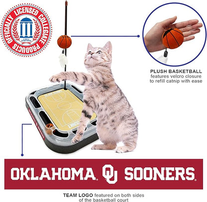 Cat Scratch Toy NCAA OKLAHOMA Sooners REVERSIBLE Basketball Court Felt/Cardboard Cat Scratcher Toy with Interactive Cat Ball Bell in Tracks. 6-in-1 CAT TOY Cat Wand Poll CATNIP-FILLED Plush Basketball