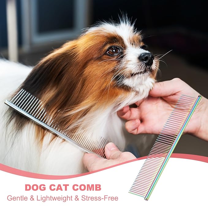 Dog Cat Comb, Pet Combs Stainless Steel Teeth with Rounded Ends for Knot Mat Loose Hair Removal, 6.5/7.5IN (Colorful Plated, 2 Pack), Grooming Tool Intended for Long Curly Hair Pet