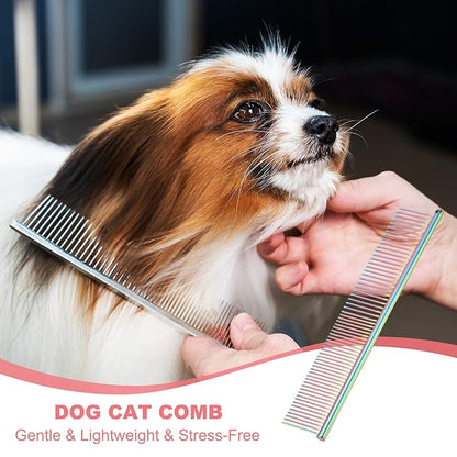 Dog Cat Comb, Pet Combs Stainless Steel Teeth with Rounded Ends for Knot Mat Loose Hair Removal, 6.5/7.5IN (Colorful Plated, 2 Pack), Grooming Tool Intended for Long Curly Hair Pet