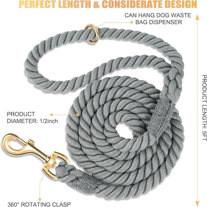 Dog Leash 5 FT Handmade Braided Cotton Rope Leashes for Small Medium and Large Dogs, New Golden Heavy Duty Metal Clasp, Grey