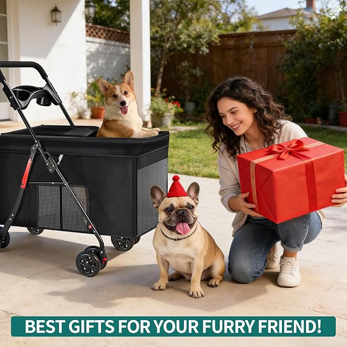Medium Dog Stroller for Large Dogs, Pet Stroller for Medium Dogs Up to 100lbs, All-Terrain with Handle & Canopy, Storage Organizer, Waterproof Oxford Fiber Black