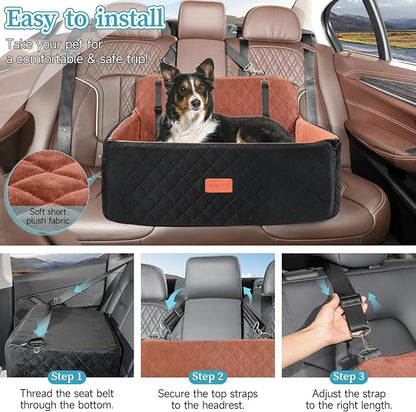 HEGGCOOE Dog Car Seat for Medium/Large Dogs, Pet Booster Seat for Under 55 lbs or 2 Small Dogs, Detachable & Washable Dog Car Bed for Backseat with 2 Safety Leashes(Black/Brown)