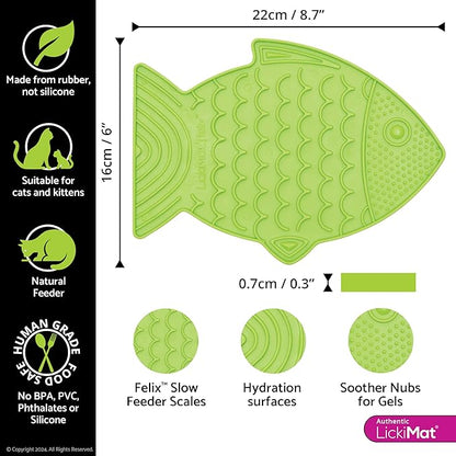 LickiMat Felix, Fish-Shaped Cat Slow Feeders Lick Mat, Boredom Anxiety Reducer; Perfect for Food, Treats, Yogurt, or Peanut Butter. Fun Alternative to a Slow Feed Cat Bowl or Dish, Green