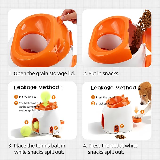 2-in-1 Dog Tennis Ball Launcher & Treat Dispenser, Interactive Spring-Loaded Fetch Toy with Snack Storage, Mental Stimulation & Exercise Toy for Small to Medium Dogs (Durable Tennis Ball Included) ﻿