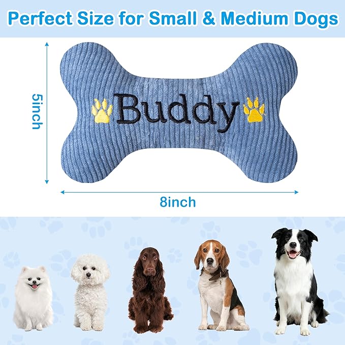 2026 Squeaky Dog Toys, Embroidered Bone Shape Blue Corduroy Pet Pillow 8"x5" with Black "Buddy" Text Cute Soft Cotton Filled Dog Chew Puzzle Toy Birthday Holiday Fun Gifts for Small Medium Large Dogs