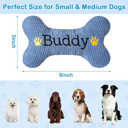2026 Squeaky Dog Toys, Embroidered Bone Shape Blue Corduroy Pet Pillow 8"x5" with Black "Buddy" Text Cute Soft Cotton Filled Dog Chew Puzzle Toy Birthday Holiday Fun Gifts for Small Medium Large Dogs