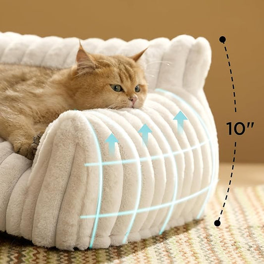 Bedsure Cute Cat Couch for Pets - Fluffy Cat beds with Premium Soft Corduroy Fleece, Fuzzy Cats beds for Indoor Cats with Removable Washable Cover, Supportive Pet Sofa, 24inch, Cream (Pack of 2)