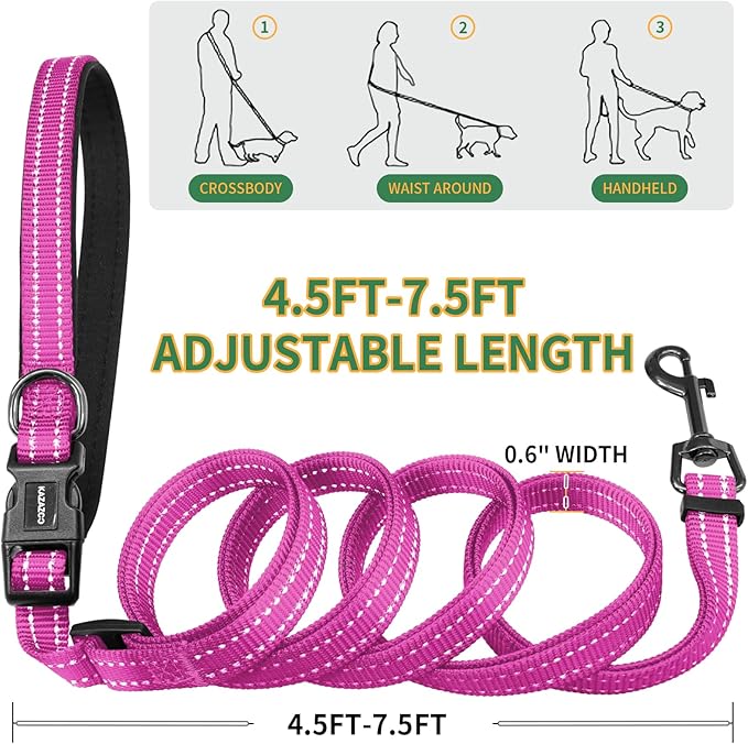 Kazazoo Hands-Free Dog Leash with Poop Bag Holder, Adjustable 4-7 Ft Waist for Dog Walking, Running for Small & Medium Dogs with Reflective Strips, Nylon Waist Belt, Hotpink