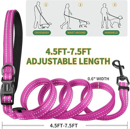 Kazazoo Hands-Free Dog Leash with Poop Bag Holder, Adjustable 4-7 Ft Waist for Dog Walking, Running for Small & Medium Dogs with Reflective Strips, Nylon Waist Belt, Hotpink