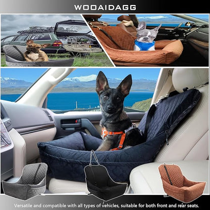 Wooaidagg Dog Car Seat for Small Dogs Up to 25 lbs,Covered Ultra-Soft Fabric and Fill in Memory Foam,Fully Detachable and Washable,2 Clip-On Safety Leashes and Storage Pockets(Black)