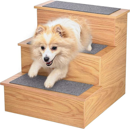 AdirPets Deluxe 3-Step Pet Stairs with Non-Slip Surface and Carpeted Treads - Sleek Pet Steps for Small Dogs, Cats, Elderly or Disabled Pets - Supports Up to 175lbs Weight - Medium Oak