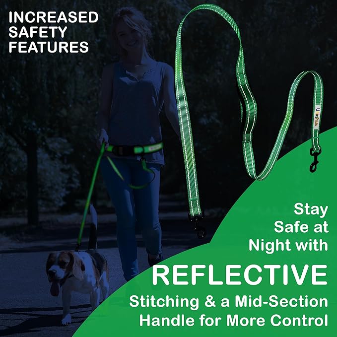 Hands-Free Leash for Small to Large Dogs 5ft - Heavy Duty Adjustable Waist Belt, Padded Handles, Reflective Stitching, Satin Carry Bag for Walking, Running, Hiking
