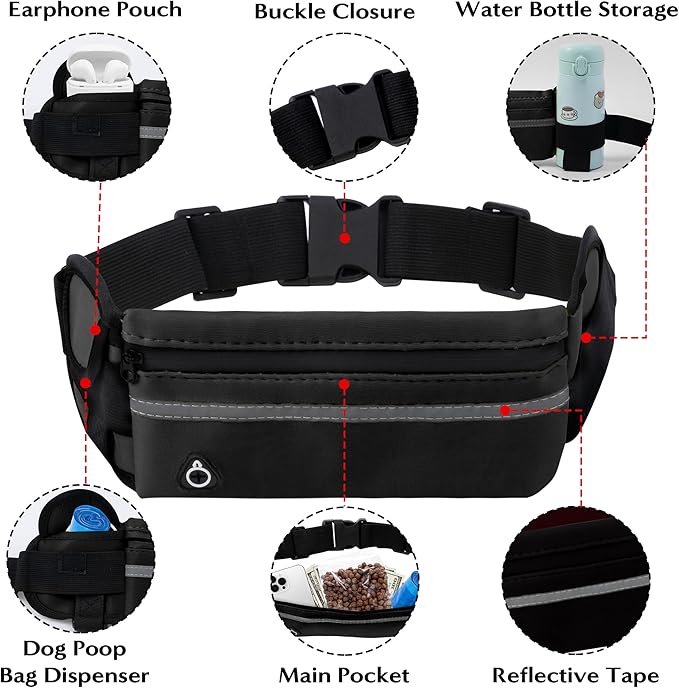 Hands Free Dog Leash - Waist Running Leashes with Zipper Pouch, Adjustable Reflective Waist Belt, Dualc Handle Retractable Bungee for Small Medium Large Dogs Walking Jogging (Black 4.1-7.2ft)