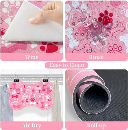 Dog & Cat Food Mat Bone Shaped Pet Feeding Mat Quick Absorb Water Bowl Placemat with Rubber Backing Indoor Floor Stain Resistant Pet Accessory Supplies (Pink, 12x18 Inches)