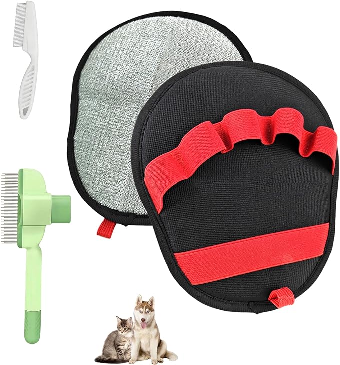 Pet Hair Removal Glove 3-in-1 Set,Electrostatic Pet Hair Removal Glove For Cat Couch Carpet Furniture Grooming,Magic Brush Pet Hair Remover With One-Click Self-Cleaning, Flea Comb For Cats Dogs