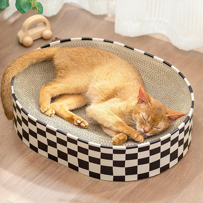 Cat Scratcher Cardboard,2 in 1 Oval Cat Scratch Pad Bowl for Indoor Kitty Grinding Claw,Round Kittens Scratching Board Corrugated Lounge Pet Beds&Furniture Protector for Sofas
