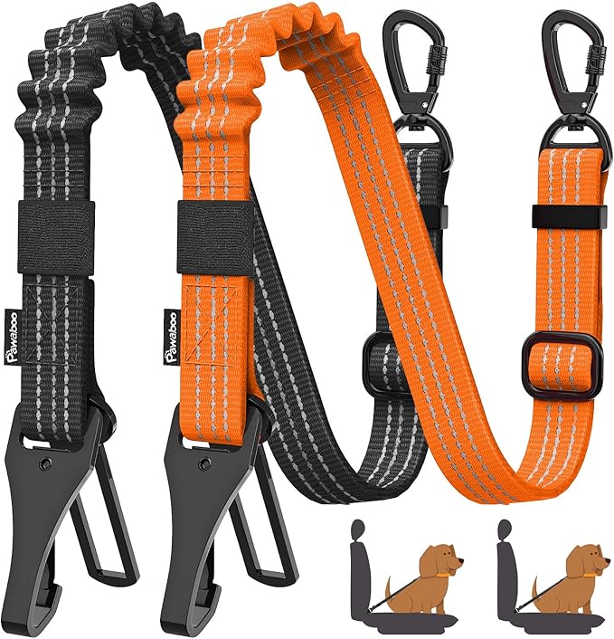 Pawaboo 2Pack Dog Seatbelt for Car, 3-in-1 Dog Car Seat Belt, Shockproof Dogs Tether with Buckle & Hook Latch, Adjustable Reflective Dogs Cars Harness Leash with 360° Lockable Buckle, Orange/Black