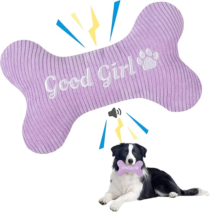 2026 Squeaky Dog Toys, Embroidered Bone Shape Purple Corduroy Pet Pillow 8"x5", Plush Soft Cotton Filled Cute Fun Dog Chew Puzzle Toy Birthday for Small Medium Dogs(Good Girl)