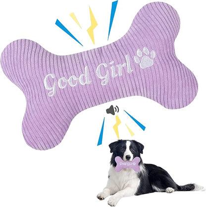 2026 Squeaky Dog Toys, Embroidered Bone Shape Purple Corduroy Pet Pillow 8"x5", Plush Soft Cotton Filled Cute Fun Dog Chew Puzzle Toy Birthday for Small Medium Dogs(Good Girl)