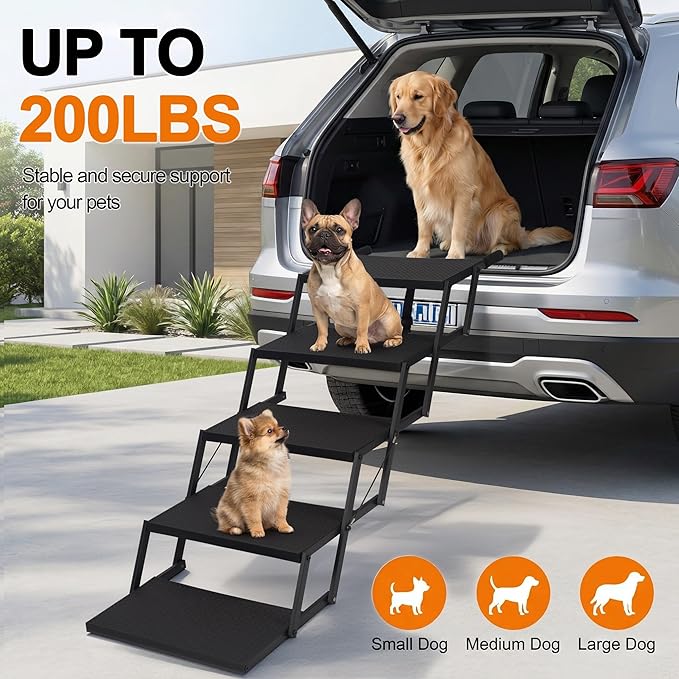 Dog Stairs for Car, Foldable Dog Steps for Large Dogs, 5-Step Ultra-Lightweight Non-Slip Dog Ramps Supports Up to 200 lbs, Suitable for SUV,Truck, Sofas, Bed