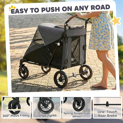 PawHut Dog Stroller for Large Dogs, One-Click Folding 4 Wheel Large Pet Stroller Wagon for Multiple Pets, All Terrain Spring Suspension w/ 8-Position Adjustable Handle, Mesh Window, Up to 66 LBS, Gray