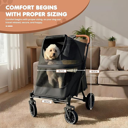 Premium Large Dog Stroller for Pets up to 55lbs, Dog Stroller for Medium Dogs, All-Terrain pet Stroller with Carbon Steel Frame & Breathable Mesh, Black & Grey (Large)
