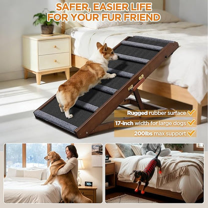 Dog Ramp for Bed, Extra Wide 17", Non-Slip Rubber Surface, Adjustable Folding Pet Ramps for Small & Large Dogs up to 200lbs, Walnut Wood Stairs for Old Dachshund/Labrador to Get on High Couch or Car