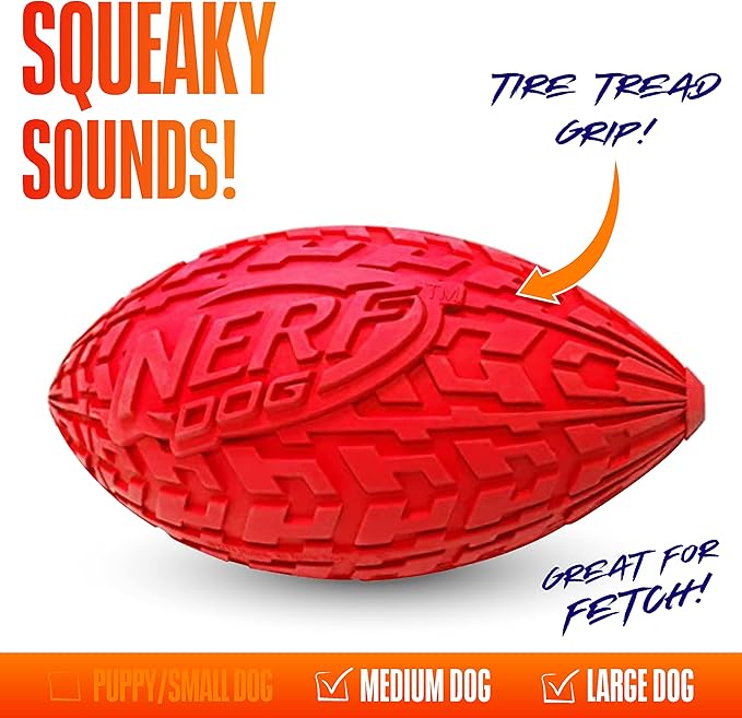 Nerf Dog Tire Football Dog Toy with Interactive Squeaker, Lightweight, Durable and Water Resistant, 6 Inch Diameter for Medium/Large Breeds, Single Unit, Red (Pack of 2)