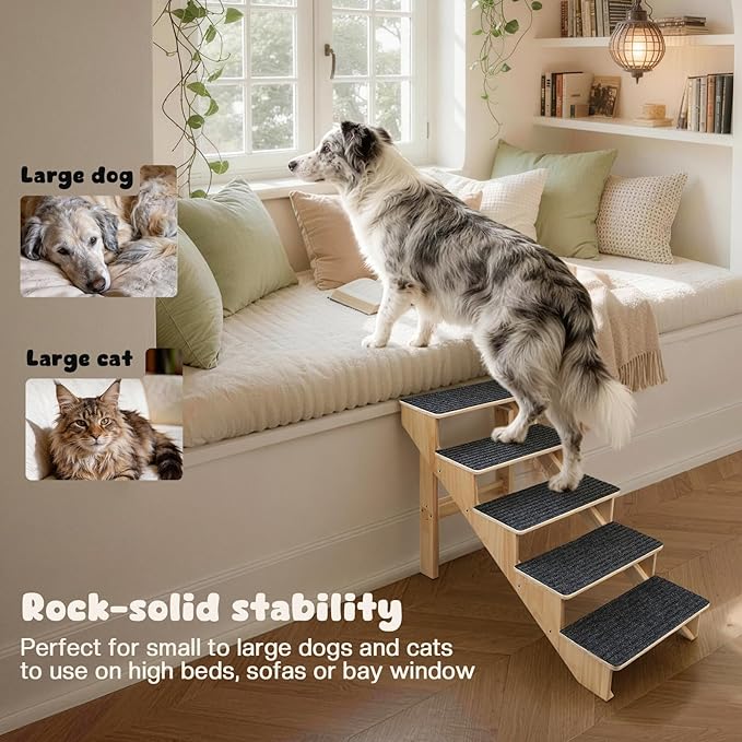 5-Step Dog Stairs for Large Dogs, Solid Wooden Dog Steps for Beds/Couch with Carpet, 24 Inches Anti-Slip Pet Stairs for High Beds, Ramp for Older/Senior Dogs, Pet Bed Stairs to Get on Bed/Sofa