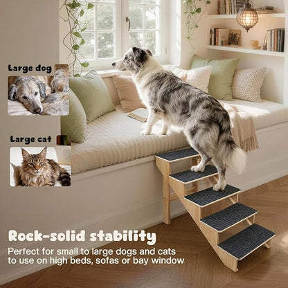 5-Step Dog Stairs for Large Dogs, Solid Wooden Dog Steps for Beds/Couch with Carpet, 24 Inches Anti-Slip Pet Stairs for High Beds, Ramp for Older/Senior Dogs, Pet Bed Stairs to Get on Bed/Sofa