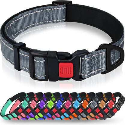 Taglory Reflective Dog Collar with Safety Locking Buckle, Soft Neoprene Padded Dog Collar for Large Dogs, Metal D-Ring, Adjustable Nylon Neck Strap for Daily Walking, Training & Running, Grey, L