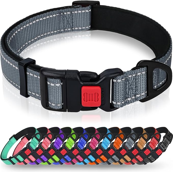 Taglory Reflective Dog Collar with Safety Locking Buckle, Soft Neoprene Padded Dog Collar for Extra Large Dogs, Metal D-Ring, Adjustable Nylon Neck Strap for Walking, Training & Running, Grey, XL