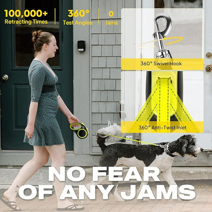 Fida Retractable Dog Leash, Reflective 16ft Heavy Duty Pet Walking Leash for Small/Medium Dog up to 26 lbs, Tangle Free. One-Hand Brake (Small, Neon Yellow)