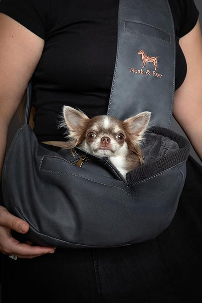 Noah & Paw Dog Sling Carrier for Small Dogs 3-10lb, Dog Sling for Small Dogs and Cats, Dog Carrier with Adjustable Padded Strap, Vegan Leather Lined with Fur, 3X Safety Features, Machine Washable