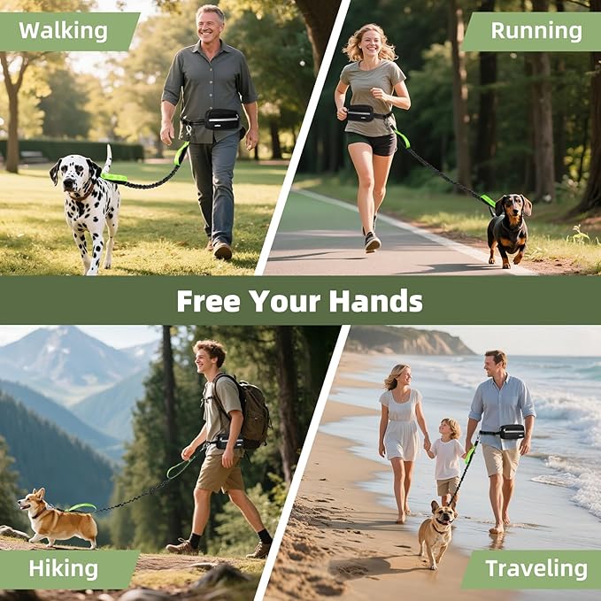 Hands Free Dog Leash with Pouch, Waist Leash for Dog Walking, Jogging, Hiking, Retractable Leashes with Dual Padded Handles, Adjustable Reflective Belt for Small Medium Large Dogs, Black Green
