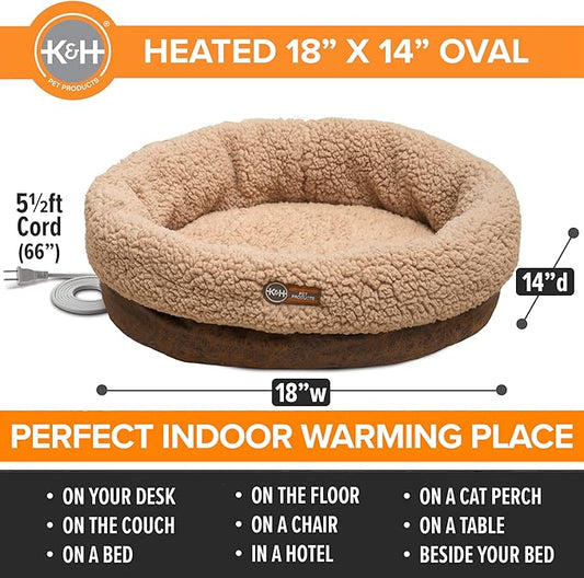 K&H Pet Products Heated Cat Bed Indoor, Thermo-Snuggle Cup Bomber Soft Heated Pet Bed for Large Indoor Cats and Small Dogs, Machine Washable, Waterproof Heated Pad, Safety Listed - 18x14in Chocolate