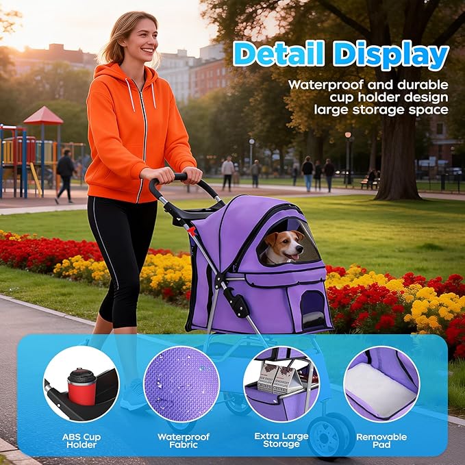 BestOffice Pet Stroller for Small Medium Dogs & Cats, 3-Wheel Foldable Dog Stroller with Cup Holder, Lightweight Travel Carrier, Waterproof Design for Outdoor Walks, Purple