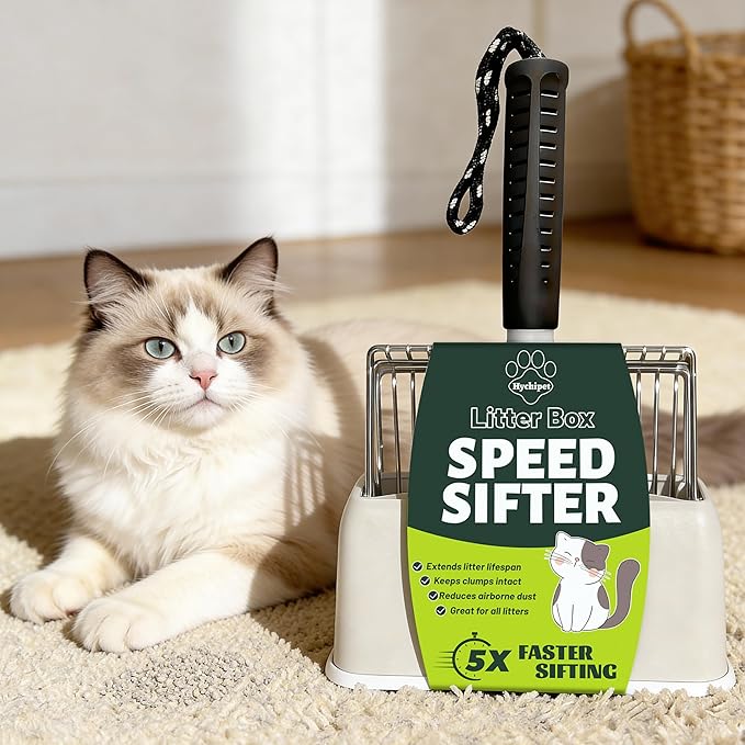 [2026 Version]Efficient Metal Cat Litter Scoop- Stainless Steel Cat Litter Scooper with Holder, Heavy Duty Litter Sifter, Pooper Scooper Kitty Litter Box Scooper-Cat Scooper for Litter Box Cleaning