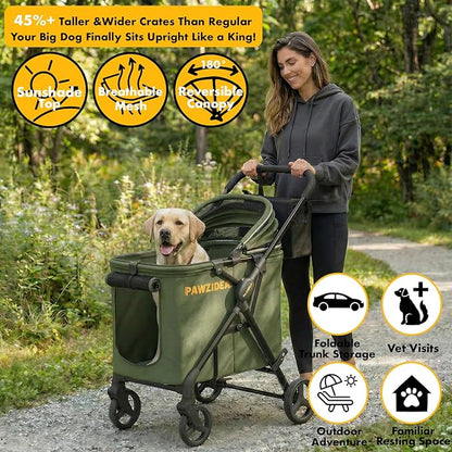 PAWZIDEA Large Dog Stroller up to 80 lbs, No-Zip 180° Reversible Canopy Lockable, Lightweight Pet Stroller for 2 Medium Dogs, One-Hand Foldable, Low-Entry, All-Terrain Jogger Wheels, Storage Organizer