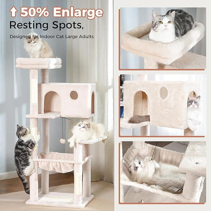 54” Cat Tree with Big Hammock 21x17” XL Cat Tower with Scratching Posts Featuring Large Top Bed, Scratcher Pad, Spacious Condo House and Detectable Ball for Indoor Cats-Large Beige