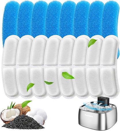 Pawtners 8 Pack Replacement Filters for STR-PT-108A Pumpless Cat Water Fountain, Multi-Layer Filtration for Cat/Dog Fountain, Complete Kit with 8 Filters & 8 Sponges
